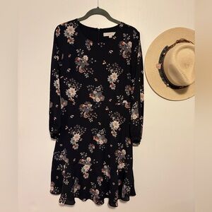 LOFT Black and Pink Floral Long Sleeve Dress